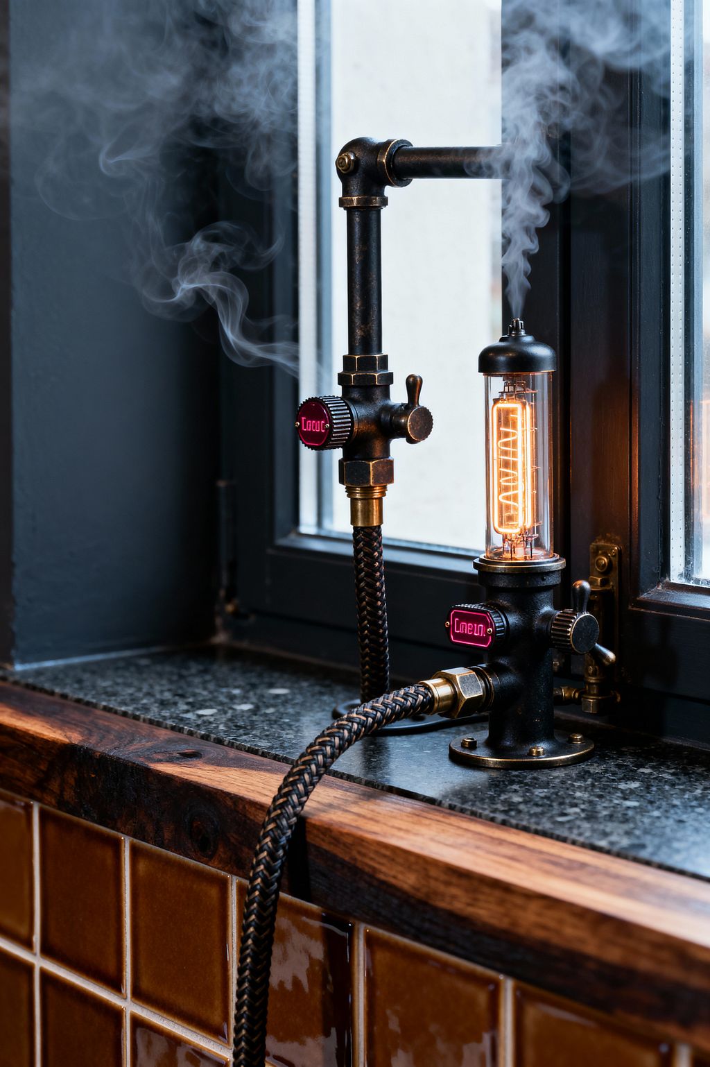 Close-up of a steampunk-style kitchen faucet on a dark stone windowsill, composed of blackened iron pipes with brass fittings and red-labeled control knobs. A vertical glass tube houses a glowing Edison-style filament lamp, with a braided black hose attached and light steam rising; the scene is framed by a charcoal metal window, a thick walnut-edged counter, and glossy caramel square tiles below.