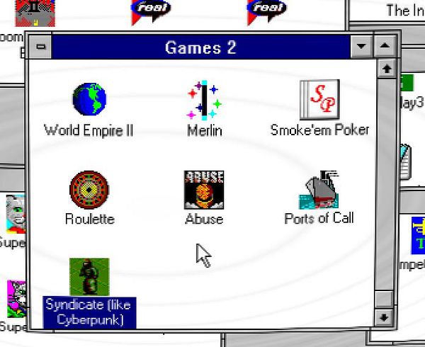 Screenshot of Syndicate game running on DOS with a cyberpunk-themed interface featuring game statistics and a digital city map.