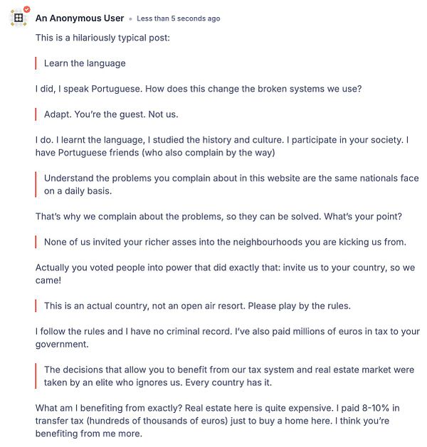 The image features a lengthy text post discussing issues related to language, adaptation, and social dynamics in Portugal.