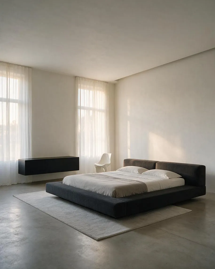 A sparse minimalist guest bedroom with a low dark upholstered bed, white bedding, and a light rug centered on a concrete floor. Sheer curtains filter daylight from tall windows, and a floating black console and white chair add a sculptural, uncluttered look.