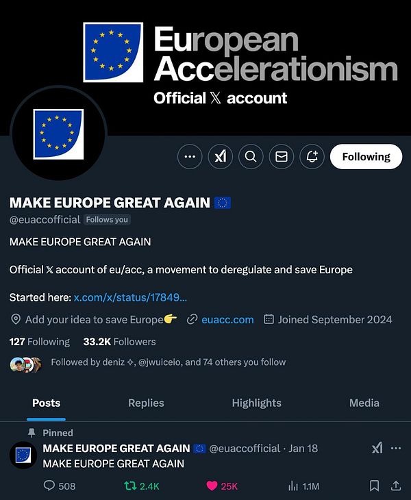 The image displays a Twitter profile for the account 'European Accelerationism'.