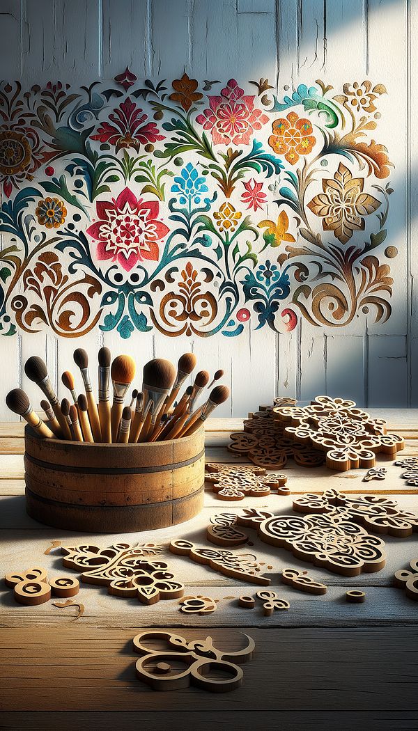 A collection of variously shaped stencils resting on a wooden surface, with a painted floral pattern on a white wall in the background, showcasing the result of using these stencils.