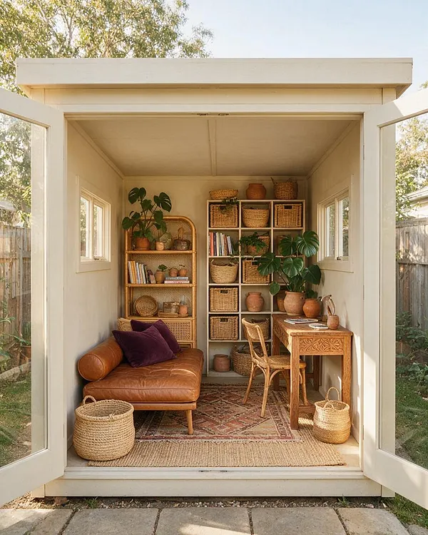 A small backyard studio with open double doors reveals a cozy bohemian interior. Inside are a tan leather chaise, carved wood desk, rattan shelving, woven baskets, terracotta pots, and layered rugs in warm earthy tones.