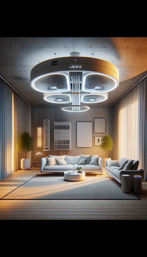 Show an illustration of a modern room equipped with UVC lighting fixtures and an air purification system, subtly indicating the technology's integration.