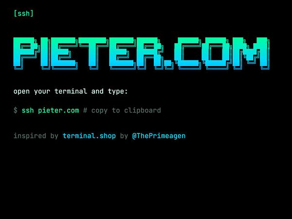 Terminal-style graphic showing how to SSH into pieter.com with a stylized header and usage instructions.