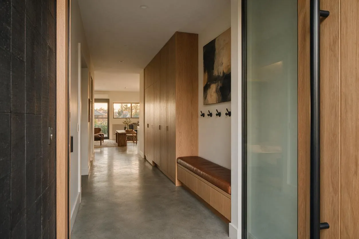 A modern entryway hallway with smooth concrete flooring, light oak built-in cabinetry, and a long wood bench with a brown cushioned seat. Black wall hooks and a framed abstract artwork add contrast, while a frosted glass door and a view into a bright living area complete the calm, streamlined space.