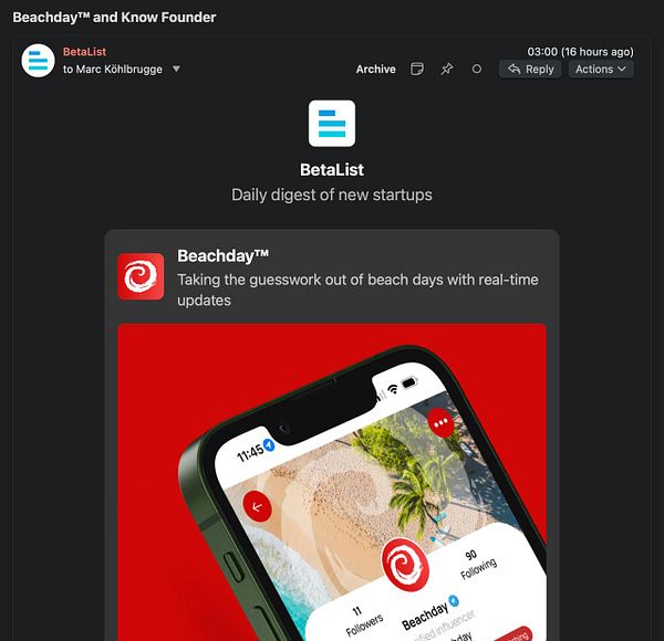 The image displays a digital newsletter from BetaList featuring the Beachday™ app.