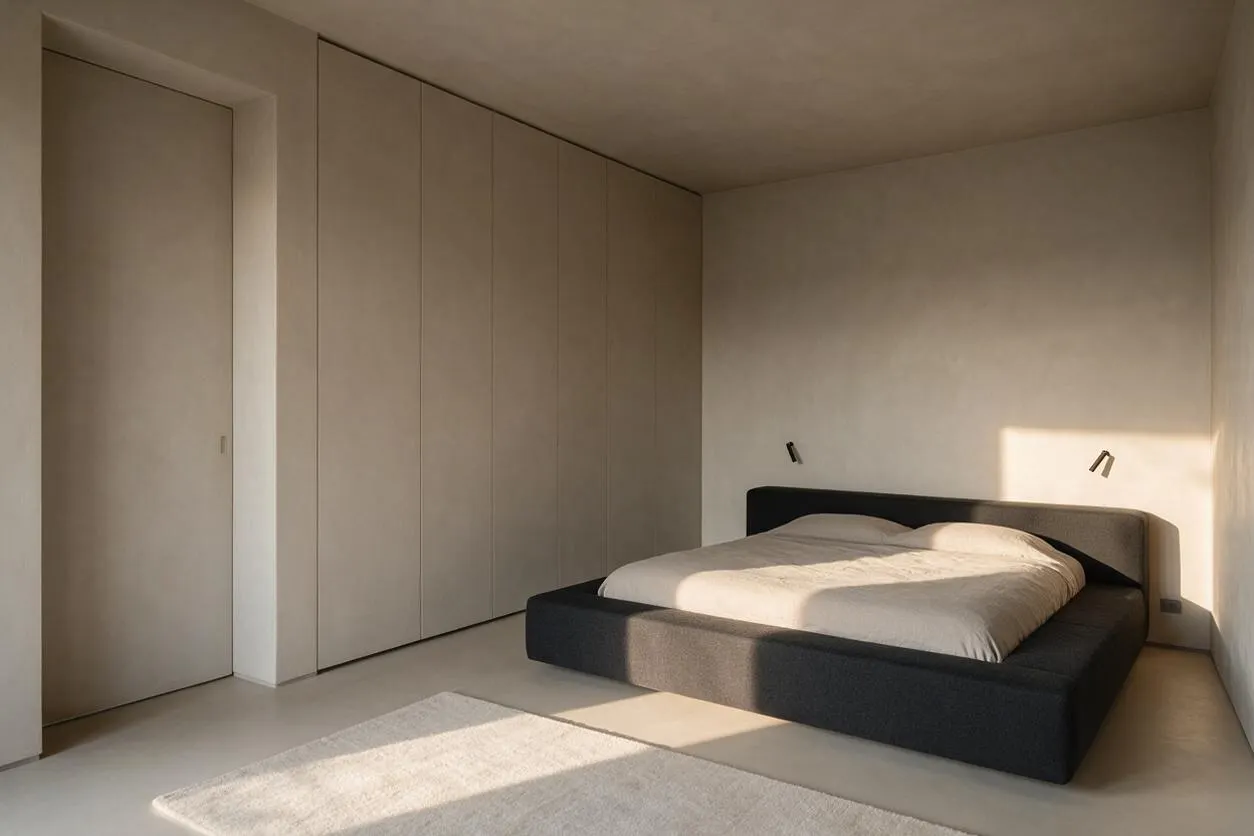 A minimalist master bedroom with a low black platform bed dressed in light bedding, set against soft beige walls and built-in closet panels. Natural sunlight creates a warm rectangular patch on the wall and floor, highlighting the calm, uncluttered space.