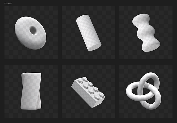 The image displays a grid of six 3D shapes rendered in a basic texture style.