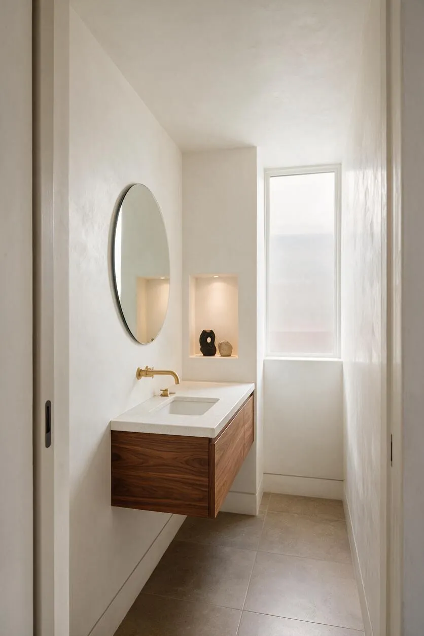A narrow modern powder room with white walls, a floating walnut vanity, a rectangular white sink, and a round mirror. Warm recessed niche lighting and a frosted window soften the minimalist space.