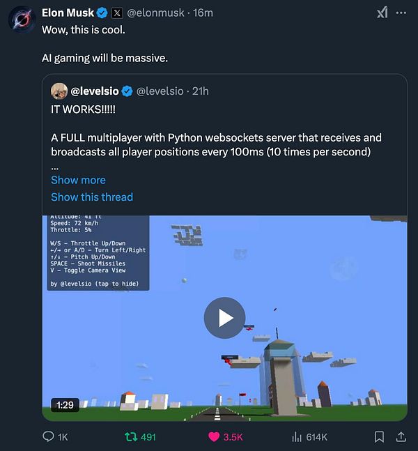 A tweet featuring a flying game demonstration with gameplay controls and a video preview.
