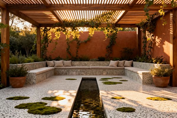 A tranquil patio features a slatted wood pergola filtering golden light over U-shaped terrazzo benches with beige linen cushions. A long, narrow water rill divides the speckled terrazzo floor dotted with soft green moss patches, while terracotta plaster walls with climbing vines and planters surround the space, complemented by terracotta pots and abundant greenery for a warm, serene outdoor lounge.