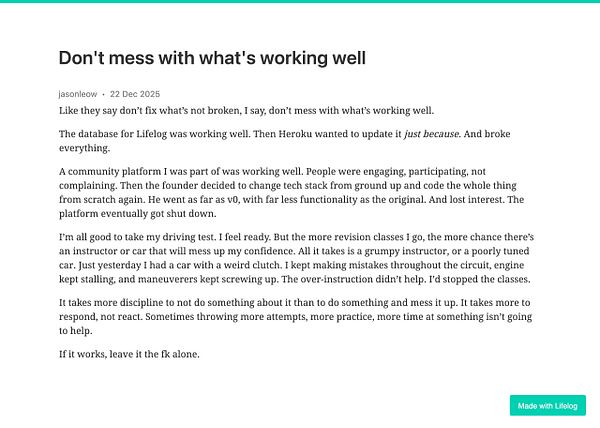 A blog post discussing the importance of not altering successful systems.