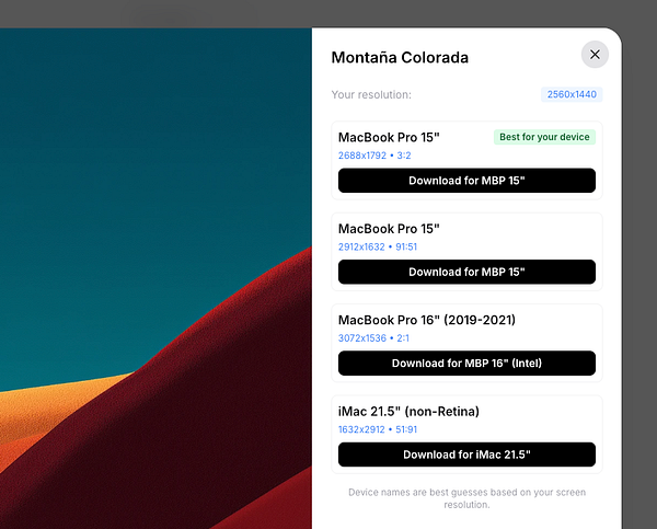 The image displays a resolution detection interface with recommended options for various Apple devices.