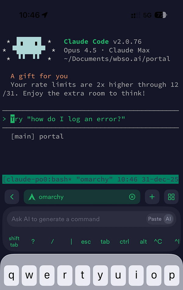 The image displays a terminal interface showing a session of Claude Code with a message about increased rate limits.