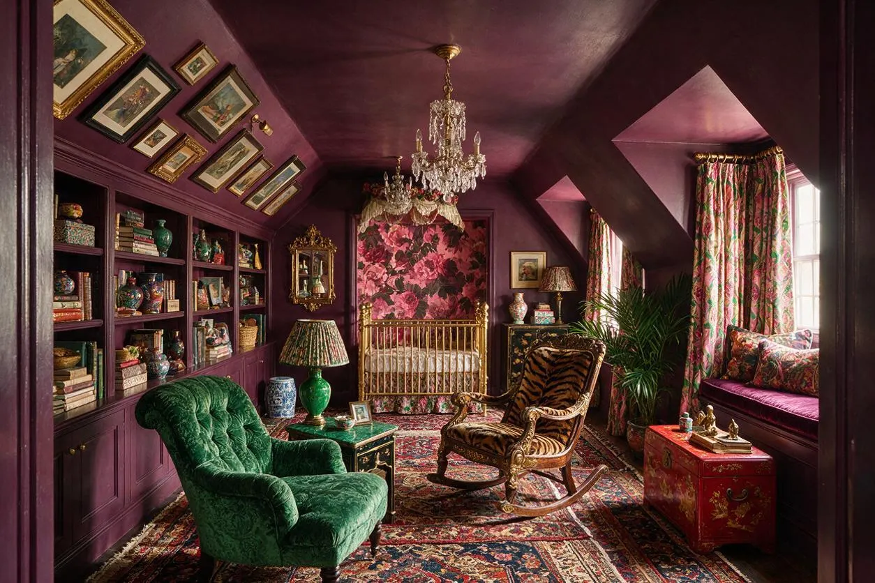 A maximalist nursery with deep plum walls and ceiling, a gold crib beneath a large floral mural, and crystal chandeliers overhead. The room includes built-in bookshelves, a green velvet armchair, a tiger-print rocking chair, patterned curtains, layered Persian-style rugs, and colorful vintage accessories throughout.