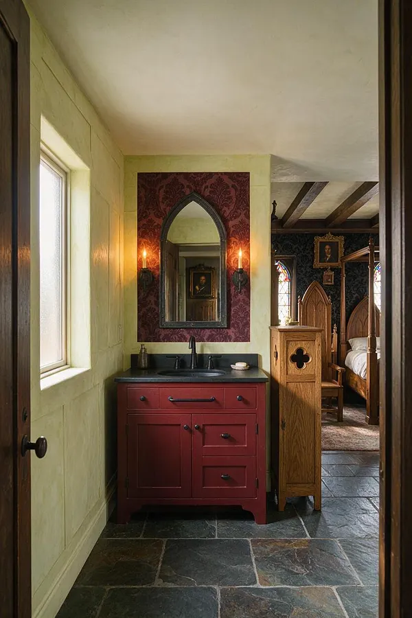 A Gothic-style master bathroom with a deep red vanity, black countertop, and arched mirror framed by patterned burgundy wallpaper. Stone tile flooring, candle-style sconces, and a glimpse into a matching bedroom with carved wood furniture and stained-glass details complete the moody, historic atmosphere.