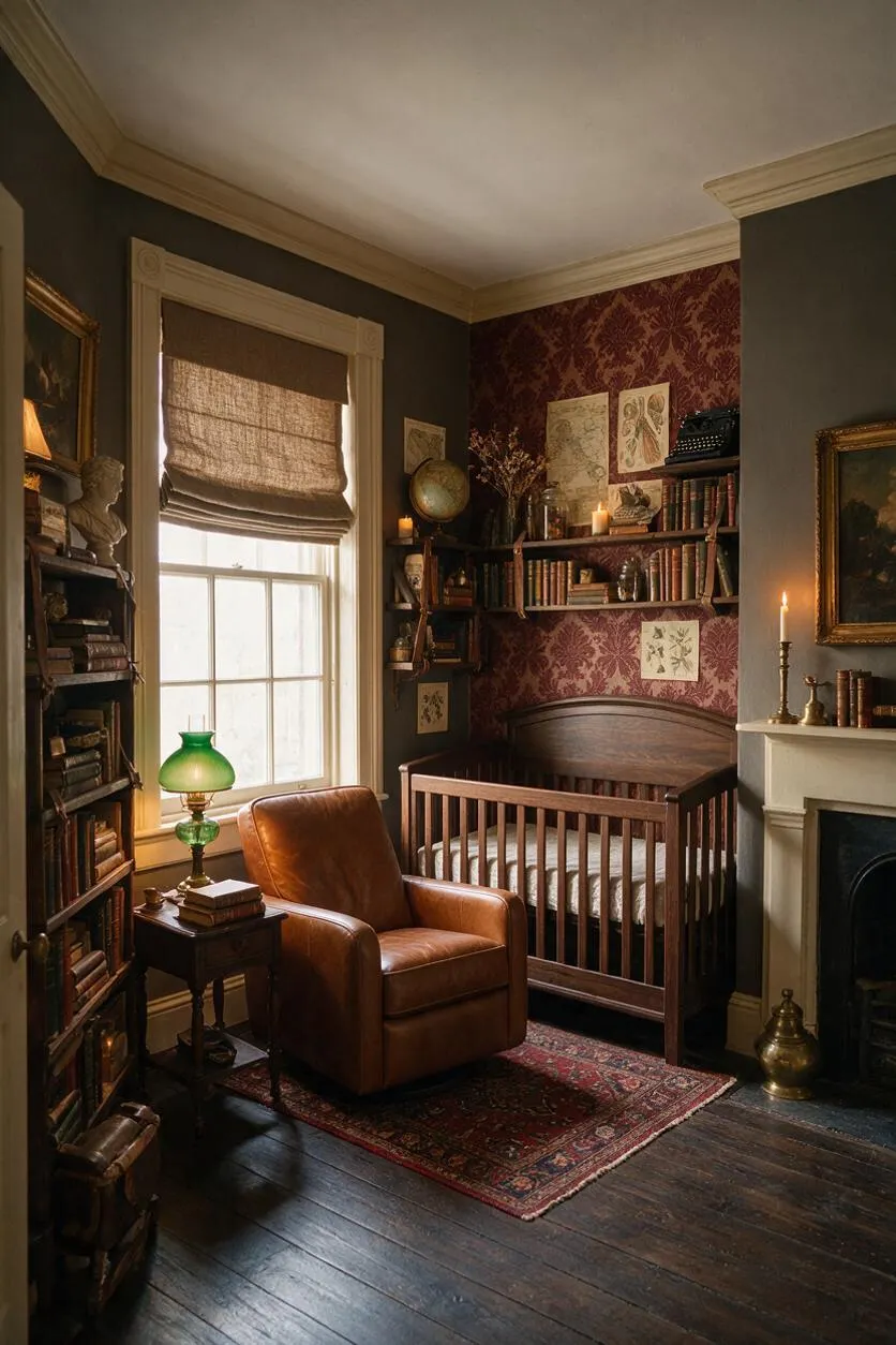 A moody nursery styled in Dark Academia aesthetics features a dark wood crib against burgundy patterned wallpaper, surrounded by built-in and freestanding bookshelves filled with old books and decorative objects. A brown leather armchair sits beside a small side table and green glass lamp, while an antique-style rug, fireplace mantel, and framed art complete the scholarly, vintage atmosphere.