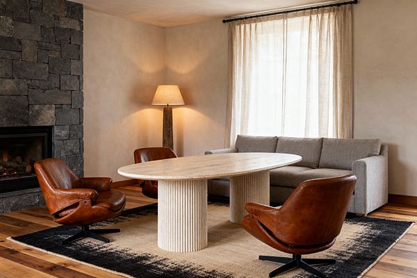 A transitional living room features a stacked dark-stone fireplace, neutral plaster walls, and wide-plank wood floors. At the center, an oval travertine coffee table with two fluted pedestal bases rests on a tan-and-black flatweave rug, surrounded by three cognac leather swivel lounge chairs and a gray sofa; a rustic wood floor lamp glows beside sheer linen curtains on a black rod, diffusing daylight into the warm, balanced space.