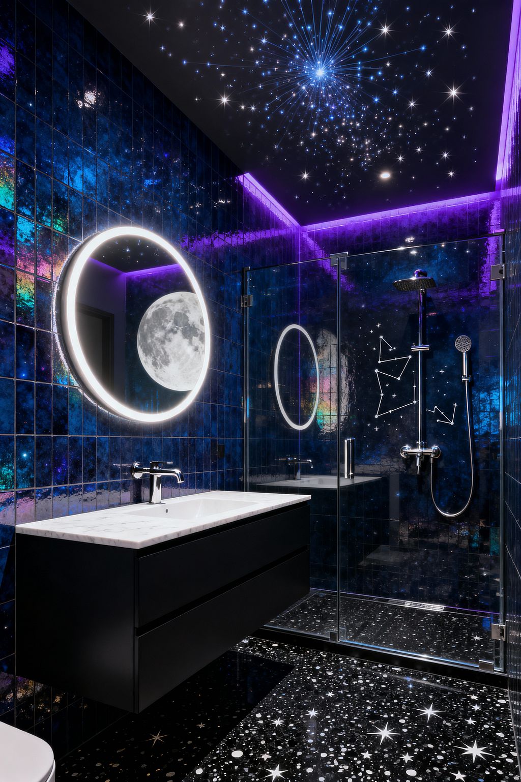 Bathroom featuring deep blue iridescent wall tiles and a black ceiling filled with fiber‑optic stars and a radiant burst. A floating matte black vanity with a white marble countertop sits beneath a round backlit mirror, with a large moon graphic on the wall. A clear glass shower enclosure shows chrome rain and hand shower fixtures and white constellation decals. The glossy black floor is patterned with scattered stars and violet LED strips trace the room’s edges.