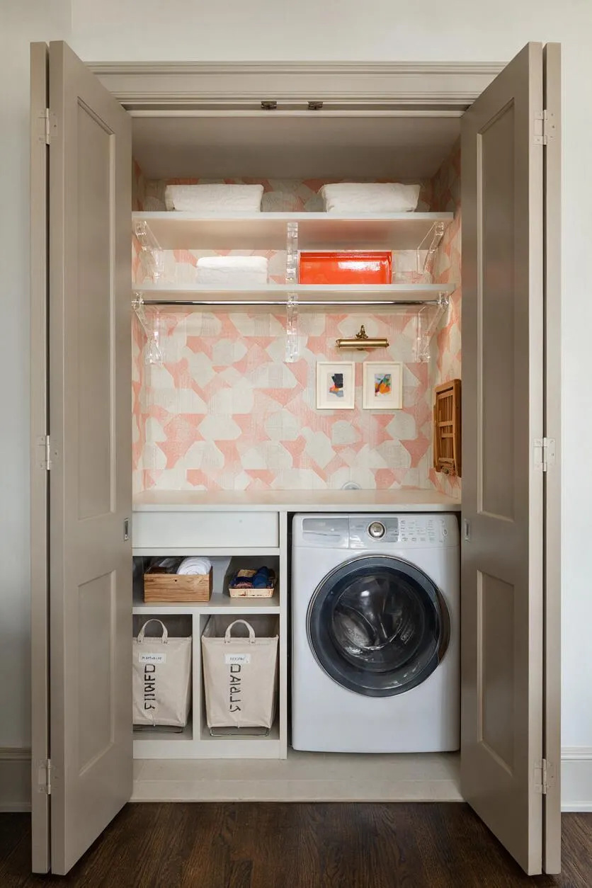 A compact laundry closet with taupe double doors open to reveal a front-loading washer, built-in shelving, and a pink-and-cream geometric wallpaper backdrop. Clear acrylic shelf supports, woven storage baskets, and canvas laundry hampers add texture and organization.