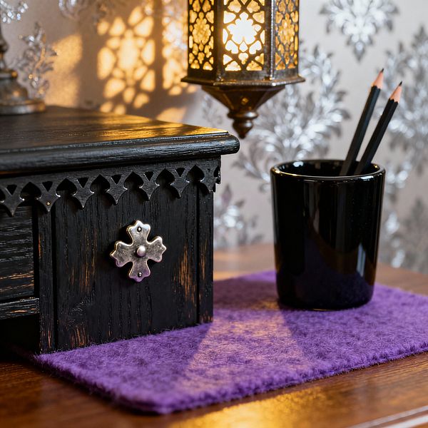 Close-up of a kids’ study nook in Gothic style: a black carved wooden chest with trefoil trim and a cross-shaped metal knob sits on a warm wood desk over a plush purple mat. An ornate pierced-metal lantern casts amber light and lace-like shadows onto silver damask wallpaper, while a glossy black pencil cup holding two pencils completes the arrangement.