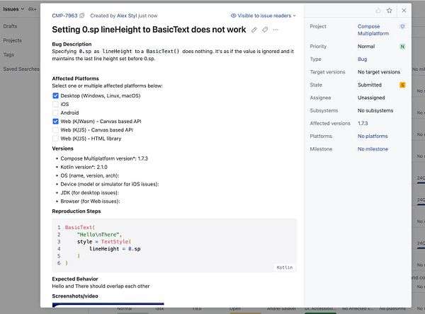 The image displays a bug report for a software issue related to line height in a BasicText component.