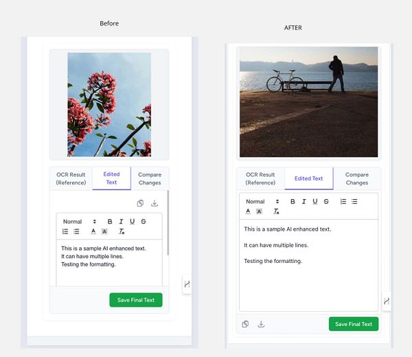 The image displays a side-by-side comparison of a user interface before and after a UI improvement for a mobile application.