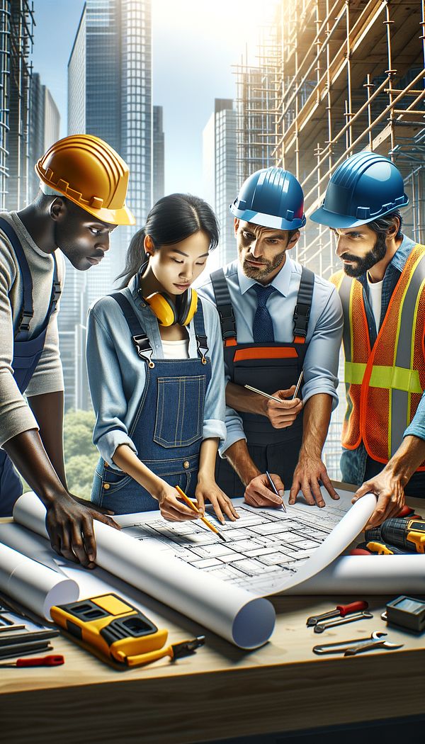A group of building trade professionals (carpenters, electricians, plumbers) consulting with an interior designer over blueprints at a construction site.