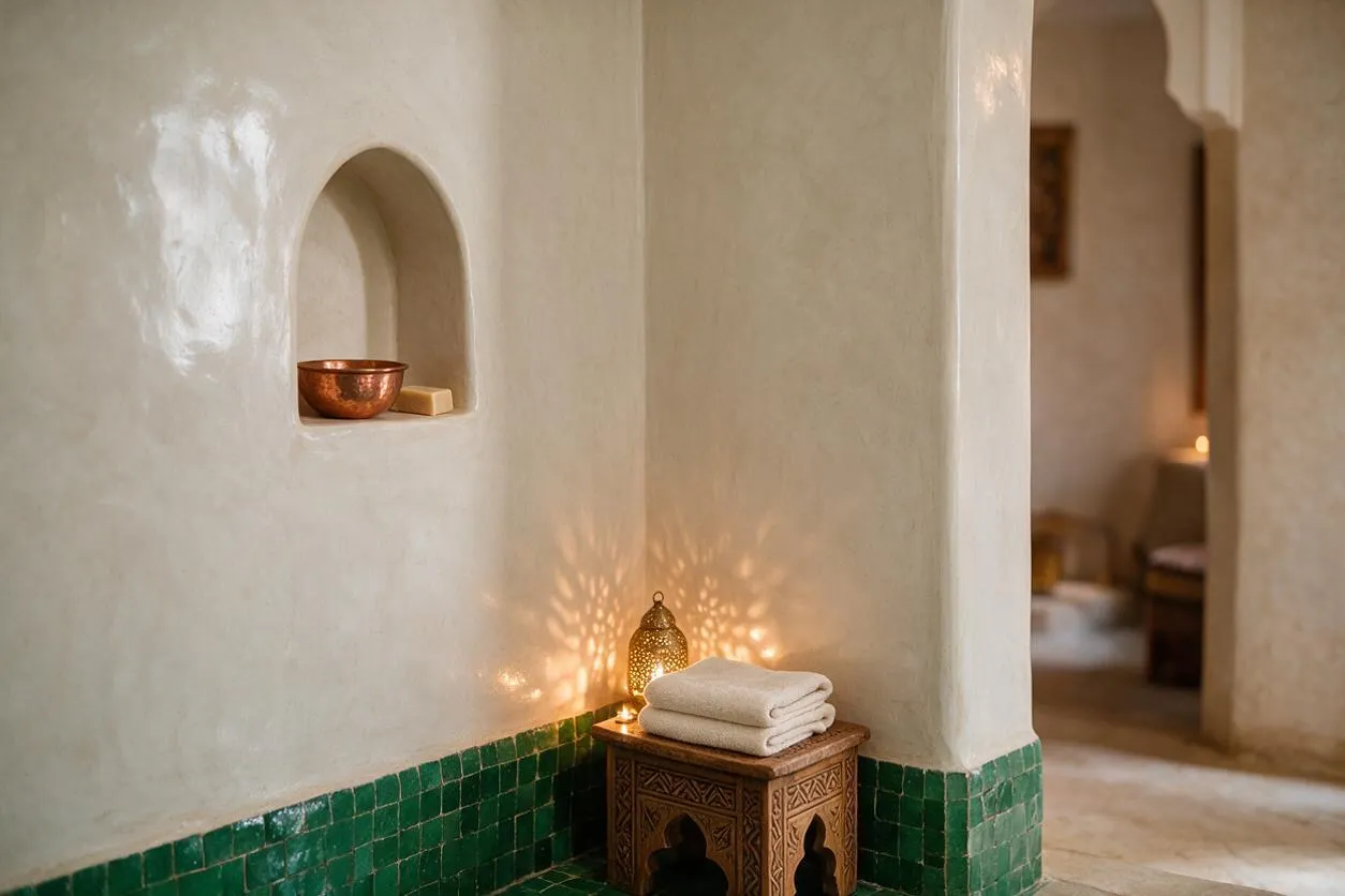 A serene Moroccan-style interior with smooth cream plaster walls, a recessed arched niche holding a copper bowl, and a low carved wooden stool topped with folded white towels. Green zellige tile wraps the base of the walls, while a brass lantern casts patterned light across the corner and warm arches lead into a softly lit adjacent room.