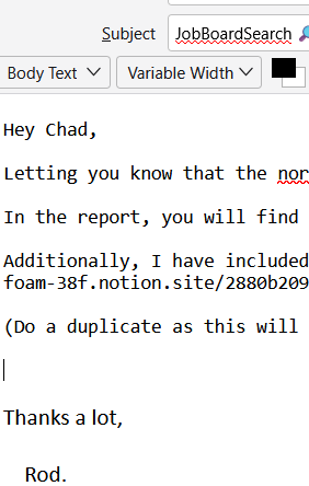 An email draft addressed to Chad regarding a directory submission report.