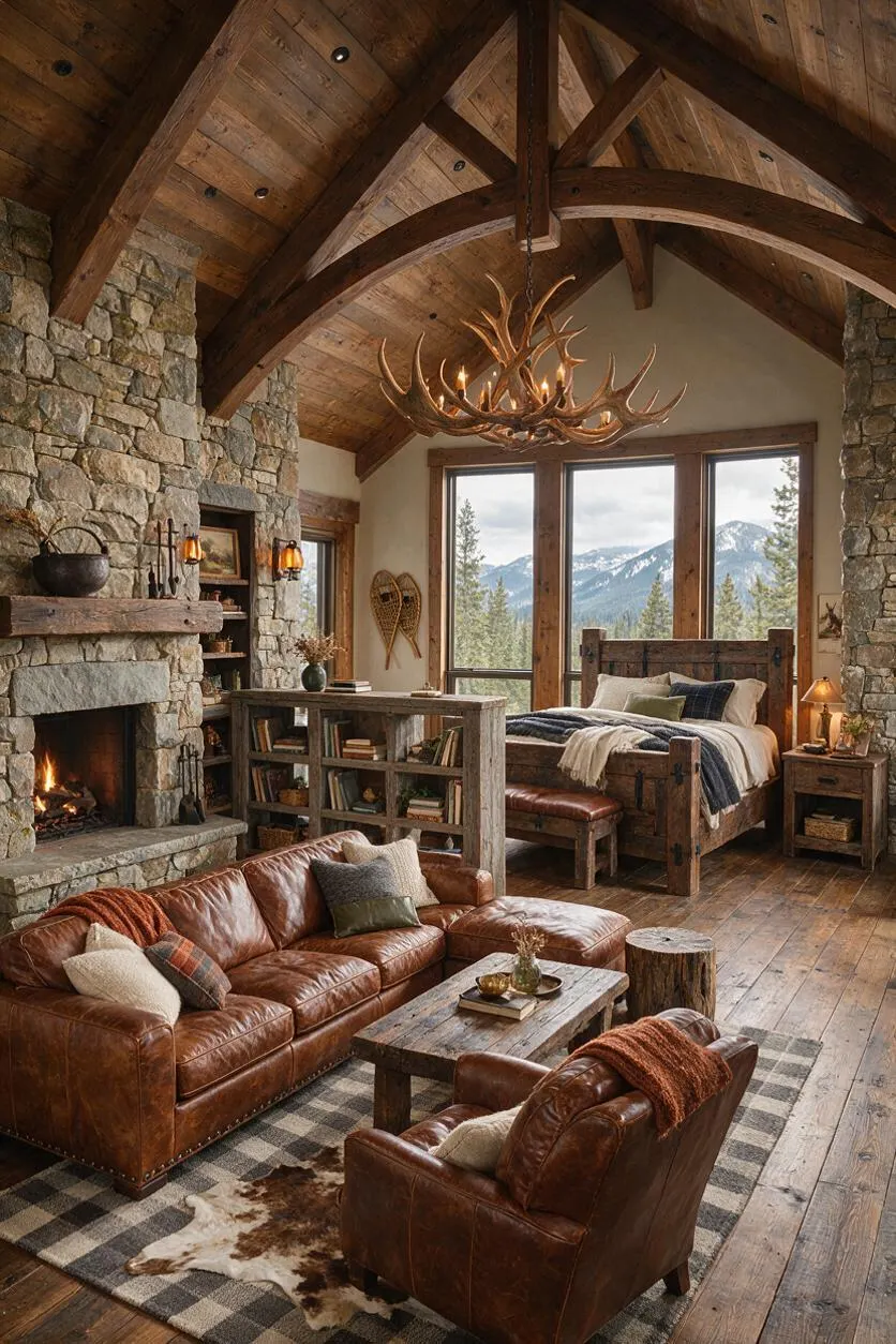 A rustic studio apartment with a vaulted wood-beamed ceiling, exposed stone fireplace, and a large antler chandelier hanging over the room. The space includes a brown leather sofa and armchair, a weathered wood coffee table, a wooden bed frame, and large windows framing mountain views.