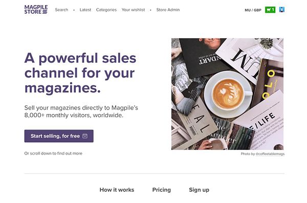 The image features a marketing page for Magpile Store, showcasing a collection of magazines and a coffee cup.
