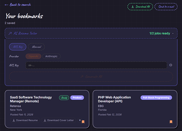 Screenshot of a task management app showing a card named 'Automate tailoring of resume & cover letters for each job bookmarked with AI agents' with checklist items and contributor icons.