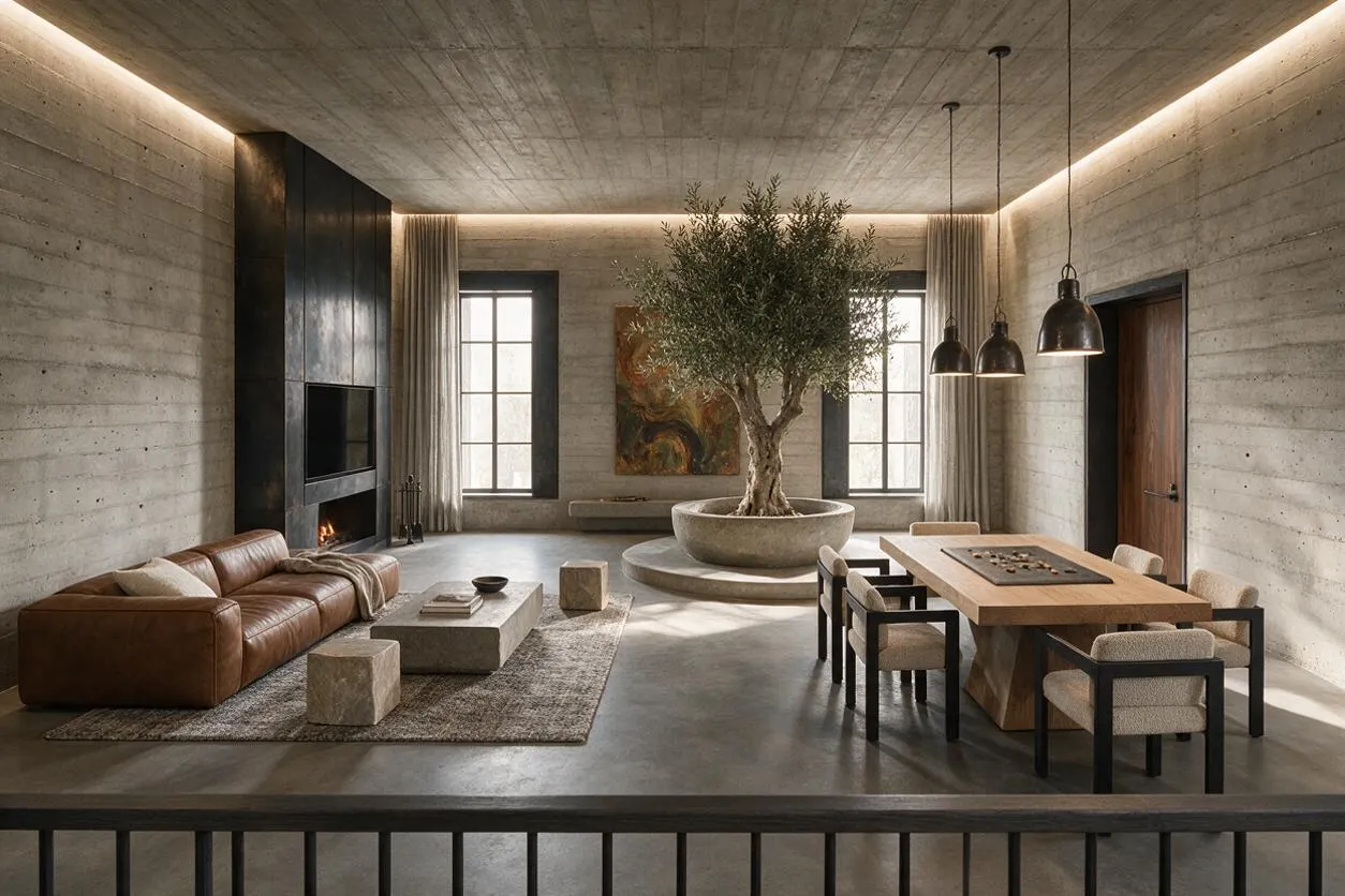 A spacious Brutalist game room with raw concrete walls and ceiling, black metal accents, and warm indirect lighting. The room includes a brown leather sectional, a low concrete coffee table, a wood game table with upholstered chairs, and a large olive tree planted in a circular stone planter at the center.
