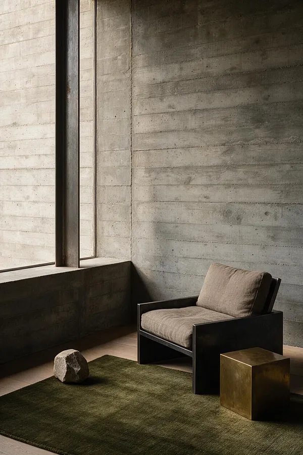 A minimalist sunroom with raw concrete walls, a deep window ledge, and a dark-framed lounge chair upholstered in beige. An olive green rug anchors the room, with a rough stone and a brass cube adding sculptural contrast.