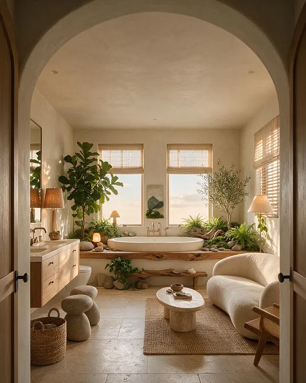 A serene master bathroom with a freestanding oval tub centered beneath two windows, surrounded by lush potted plants, natural stone accents, and a live-edge wood ledge. The room includes a light wood vanity, woven textures, a cream boucle chair, and soft beige finishes under warm natural light.