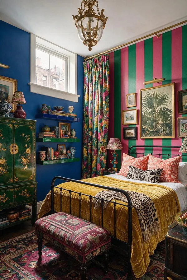 A vibrant guest bedroom filled with maximalist decor, featuring a black metal bed with coral pillows, a mustard quilt, and patterned throw. One wall has bold pink and green vertical stripes, while another is painted cobalt blue with floating shelves and decorative objects. The room also includes a floral curtain, ornate green cabinet, patterned bench, vintage rug, and an elaborate brass chandelier.
