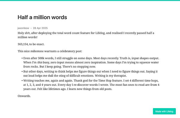 A personal milestone post reflecting on writing achievements and challenges.