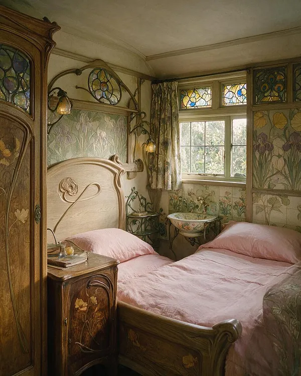 A cozy master bedroom in Art Nouveau style with two wooden beds dressed in soft pink bedding. The room features carved wood furniture, floral wallpaper and panels, stained-glass transom windows, floral curtains, and a decorative basin by the window, all in warm, natural light.