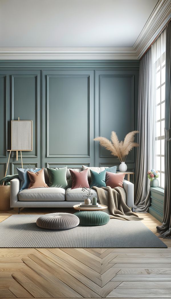 A cozy living room featuring walls painted in muted teal, with a plush gray sofa, textured throws, and colorful accent pillows. A large window lets in natural light, highlighting the soft, calming color palette.