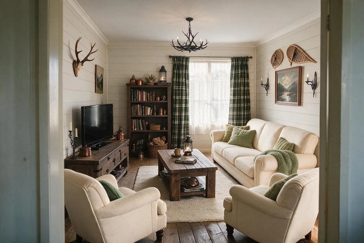 The same Rustic living room in the Stone and Moss palette: stone gray, oatmeal, dark oak, moss, and iron