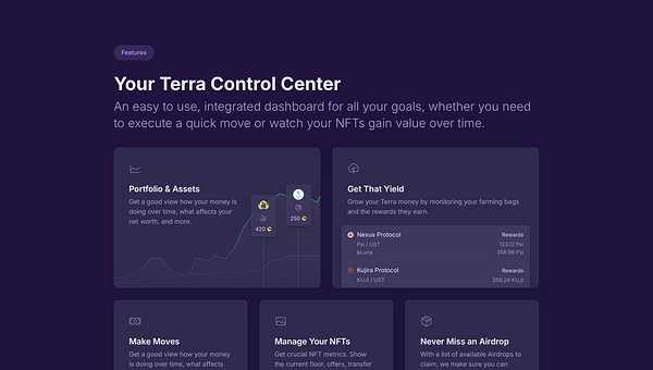 The image displays a user interface for a financial dashboard called 'Your Terra Control Center'.