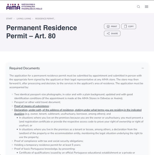 The image displays a webpage detailing the requirements for applying for a Permanent Residence Permit in Portugal.