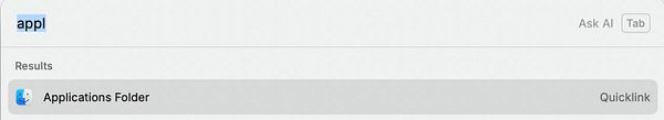 Screenshot of the Raycast app interface showing an open quicklink for the Applications folder with a list of application icons.