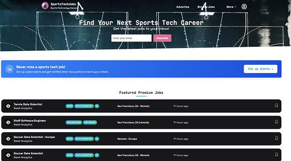 The image displays a job listing website with a cyberpunk aesthetic focused on sports technology careers.