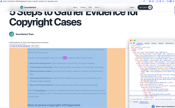 The image displays a blog post titled '5 Steps to Gather Evidence for Copyright Cases' alongside a browser's developer tools interface.