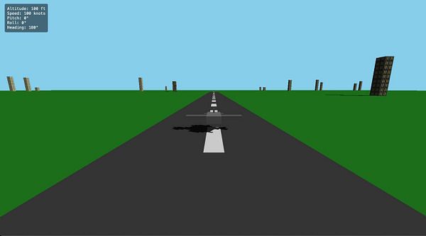 A 3D flight simulator interface displaying a runway and flight data.