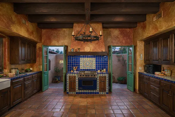 A Mediterranean-style kitchen with dark wood cabinets, terracotta tile flooring, exposed dark ceiling beams, and warm textured stucco walls. A central range is framed by bright blue and patterned tile, with green-painted double doors opening to an outdoor courtyard.