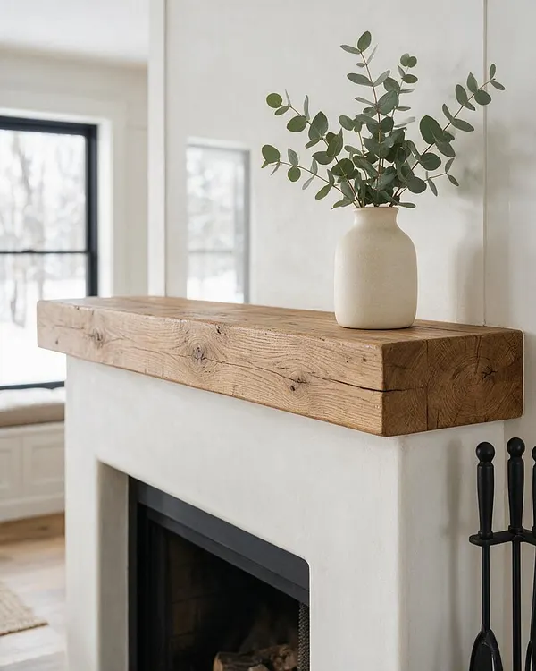 A farmhouse-style fireplace with a thick reclaimed wood mantel spanning a smooth white plaster surround. A simple cream vase holding green eucalyptus branches sits on top, with black fireplace tools visible at the side and soft daylight coming through nearby windows.